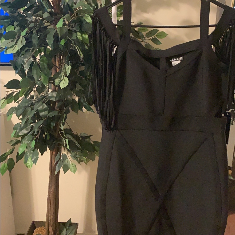 Venus Black Bandage Dress with Fringe Shoulders and Side Cutouts